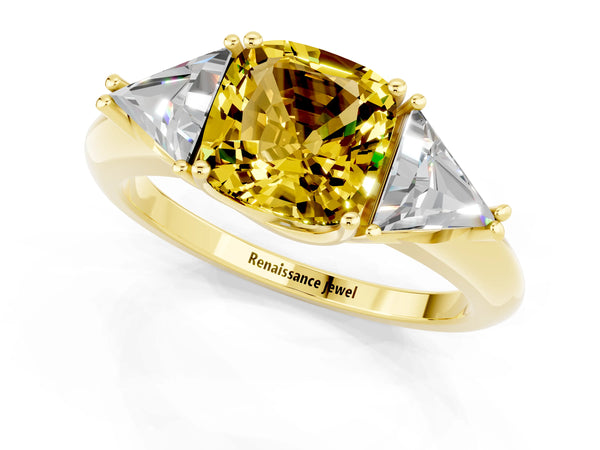 Yellow gold Three-Stone Cushion Cut Yellow Sapphire Engagement Ring with Trillion Side Stones and Prong Setting