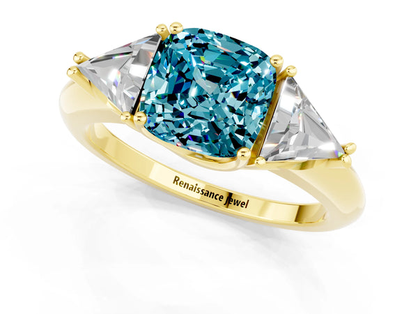 Yellow gold Three-Stone Cushion Cut Cut Diamond Ring with Trillion Side Stones and Four-Prong Setting