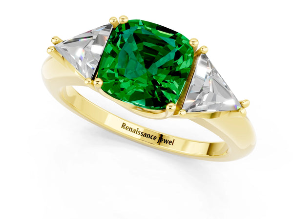 Yellow gold Three-Stone Cushion Cut Emerald Engagement Ring with Trillion Side Stones and Prong Setting