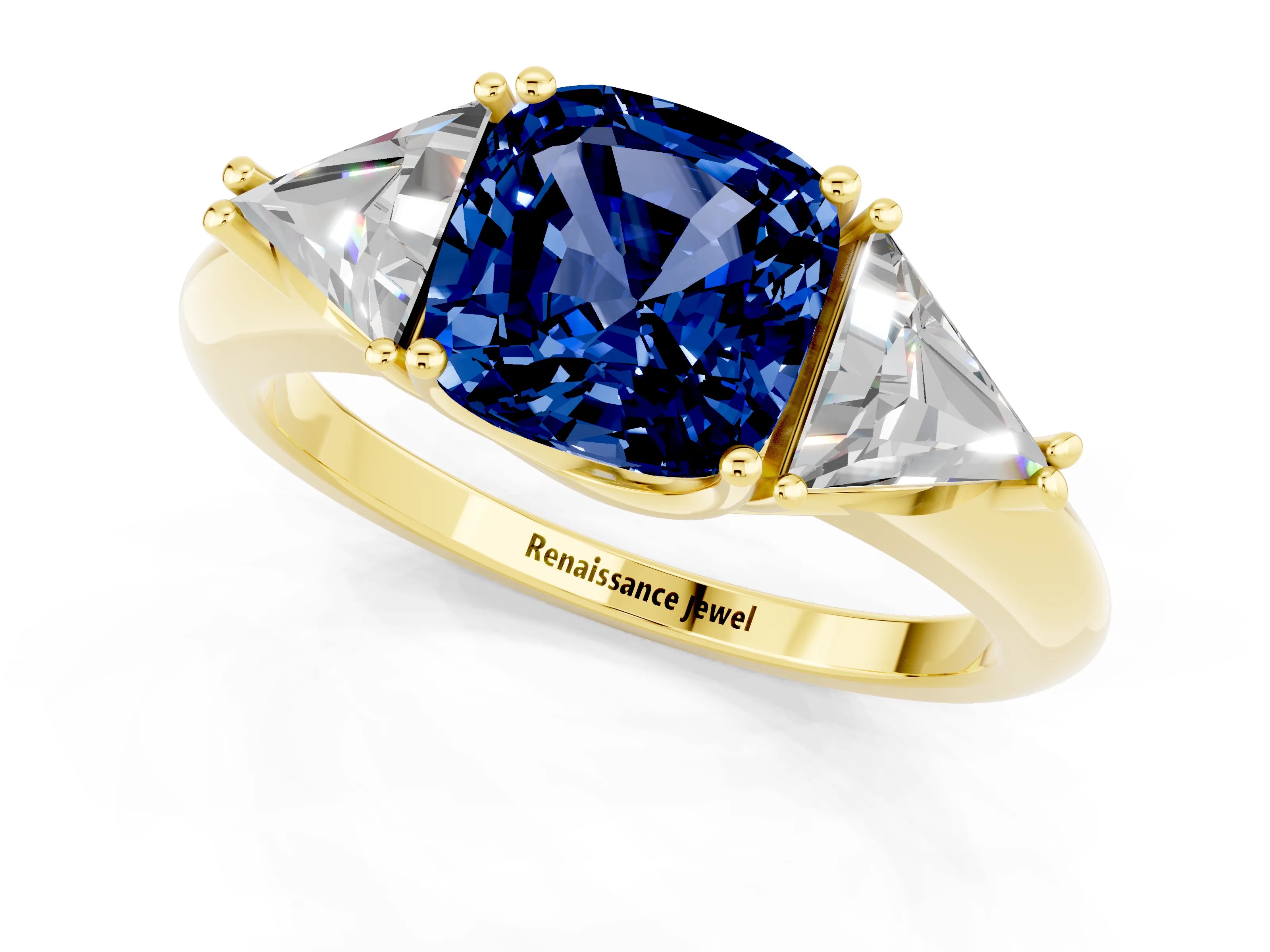 Yellow gold Three-Stone Cushion Cut Cut Diamond Ring with Trillion Side Stones and Four-Prong Setting_1