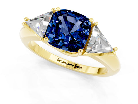 Yellow gold Three-Stone Cushion Cut Cut Diamond Ring with Trillion Side Stones and Four-Prong Setting_1