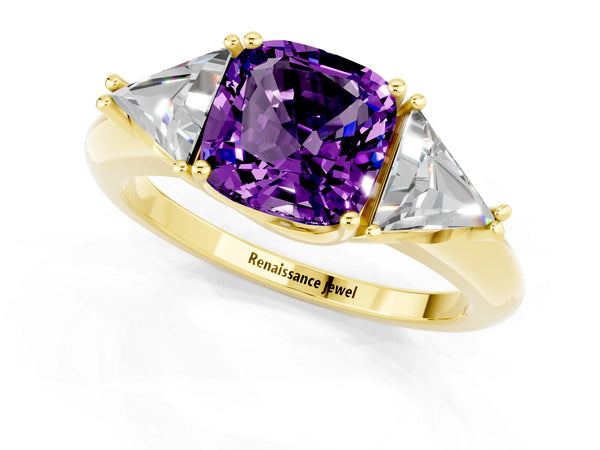 Yellow gold Three-Stone Cushion Cut Amethyst Engagement Ring with Trillion Side Stones and Prong Setting