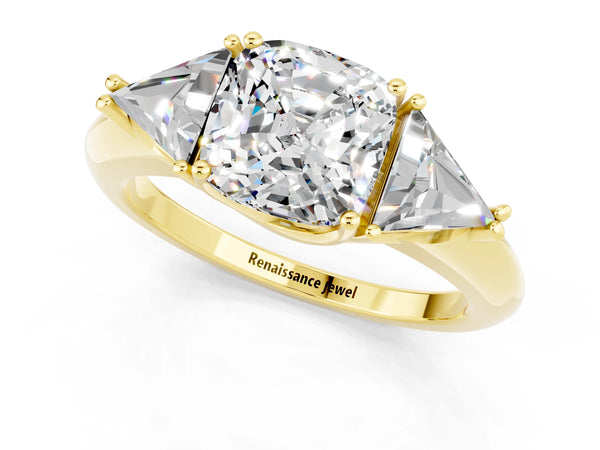 Yellow gold Three-Stone Cushion Cut Moissanite Engagement Ring with Trillion Side Stones and Prong Setting