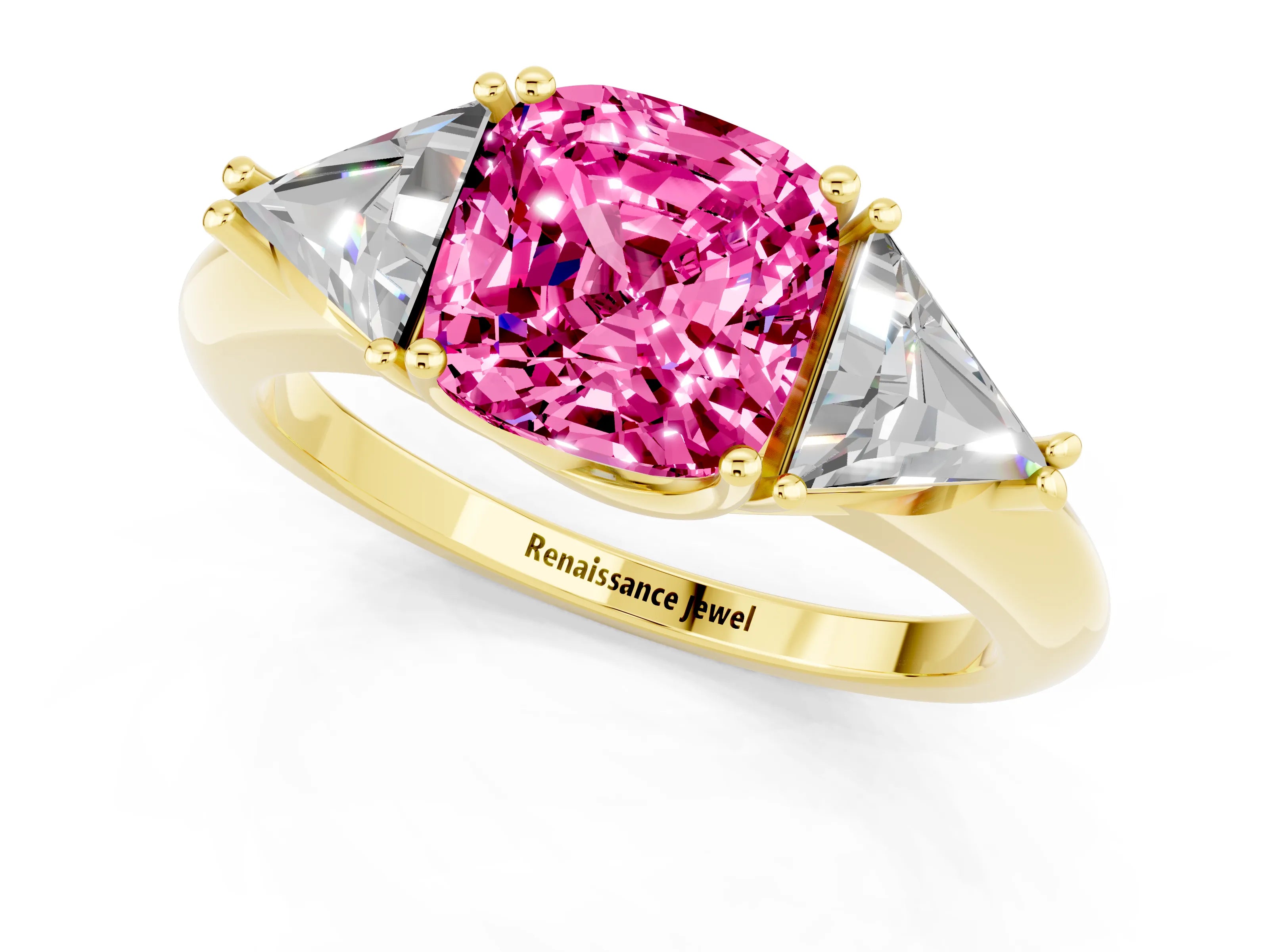 Yellow gold Three-Stone Cushion Cut Cut Diamond Ring with Trillion Side Stones and Four-Prong Setting_1