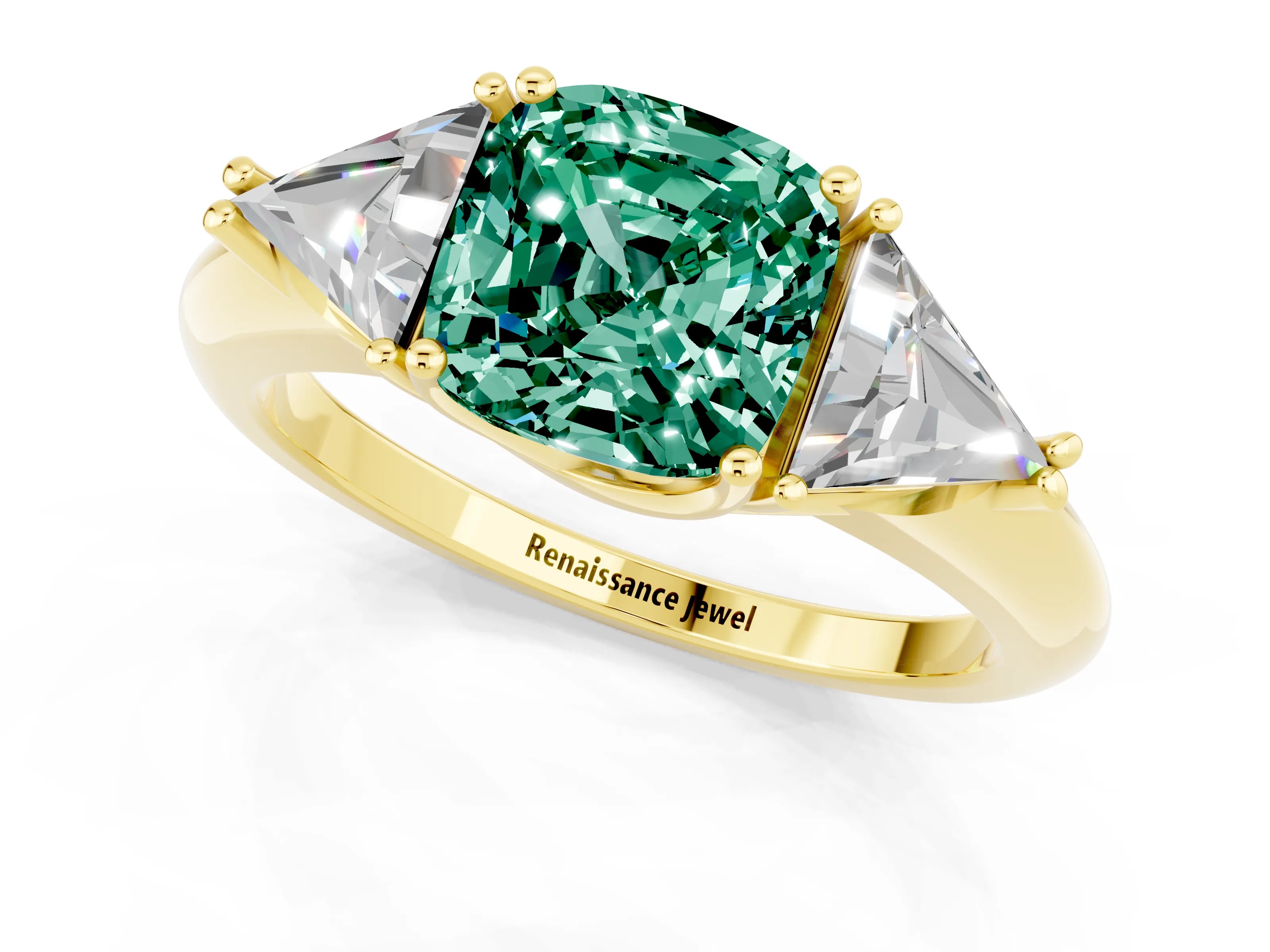Yellow gold Three-Stone Cushion Cut Cut Diamond Ring with Trillion Side Stones and Four-Prong Setting_1