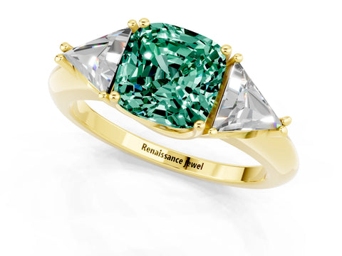Yellow gold Three-Stone Cushion Cut Cut Diamond Ring with Trillion Side Stones and Four-Prong Setting_1