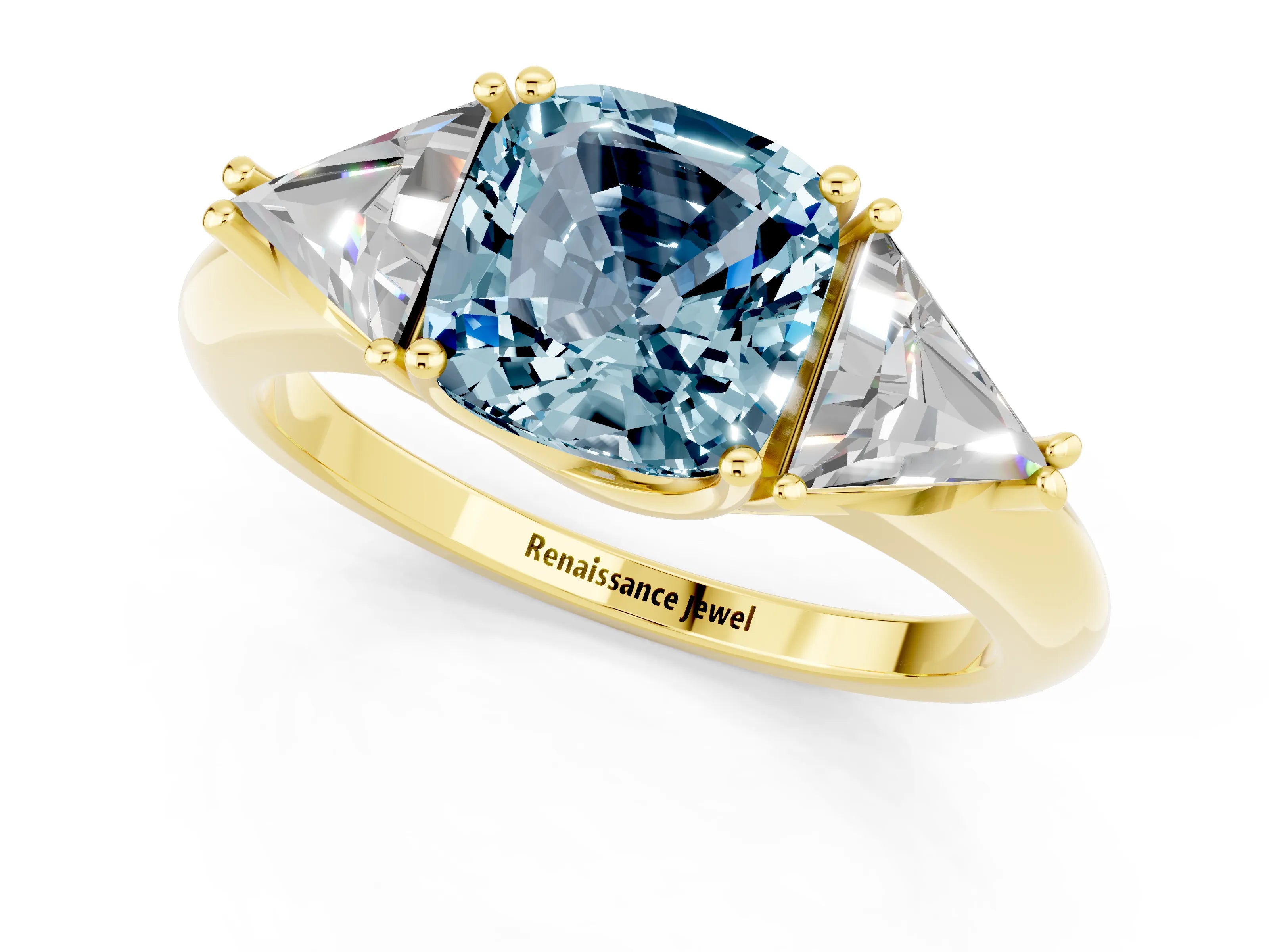 Yellow gold Three-Stone Cushion Cut Cut Diamond Ring with Trillion Side Stones and Four-Prong Setting_1