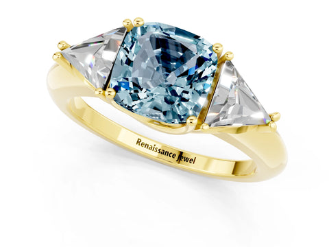 Yellow gold Three-Stone Cushion Cut Cut Diamond Ring with Trillion Side Stones and Four-Prong Setting_1