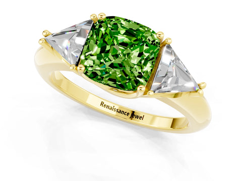 Yellow gold Three-Stone Cushion Cut Cut Diamond Ring with Trillion Side Stones and Four-Prong Setting_1