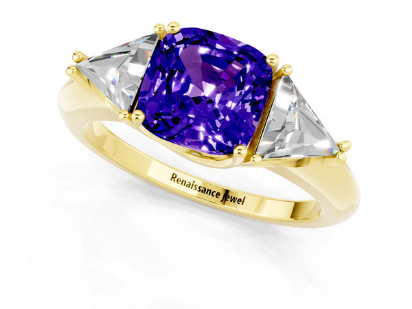Yellow gold Three-Stone Cushion Cut Tanzanite Engagement Ring with Trillion Side Stones and Prong Setting