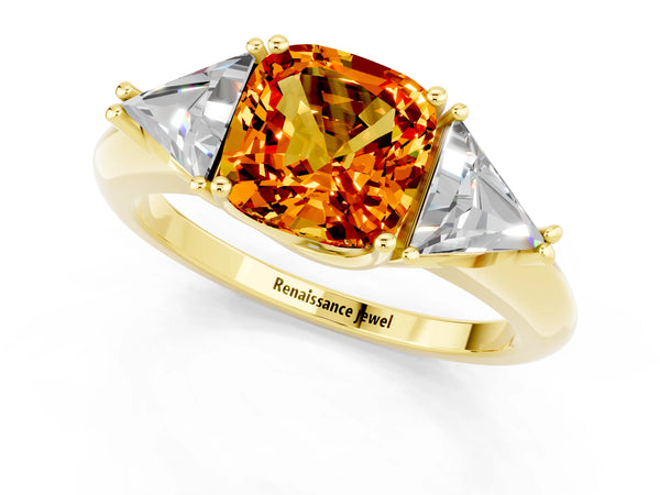 Yellow gold Three-Stone Cushion Cut Citrine Engagement Ring with Trillion Side Stones and Prong Setting