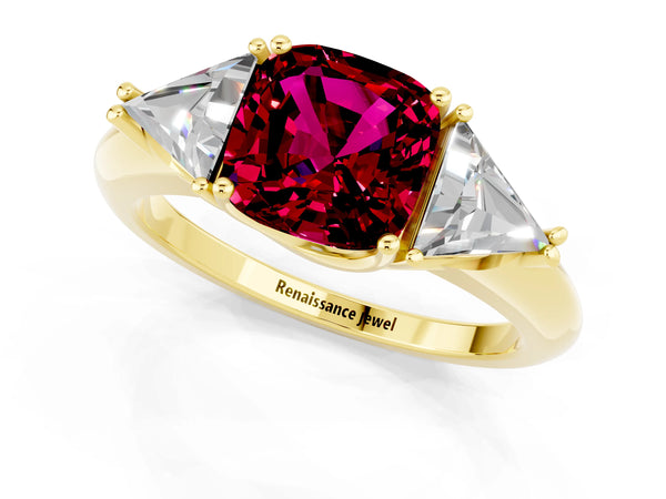 Yellow gold Three-Stone Cushion Cut Garnet Engagement Ring with Trillion Side Stones and Prong Setting
