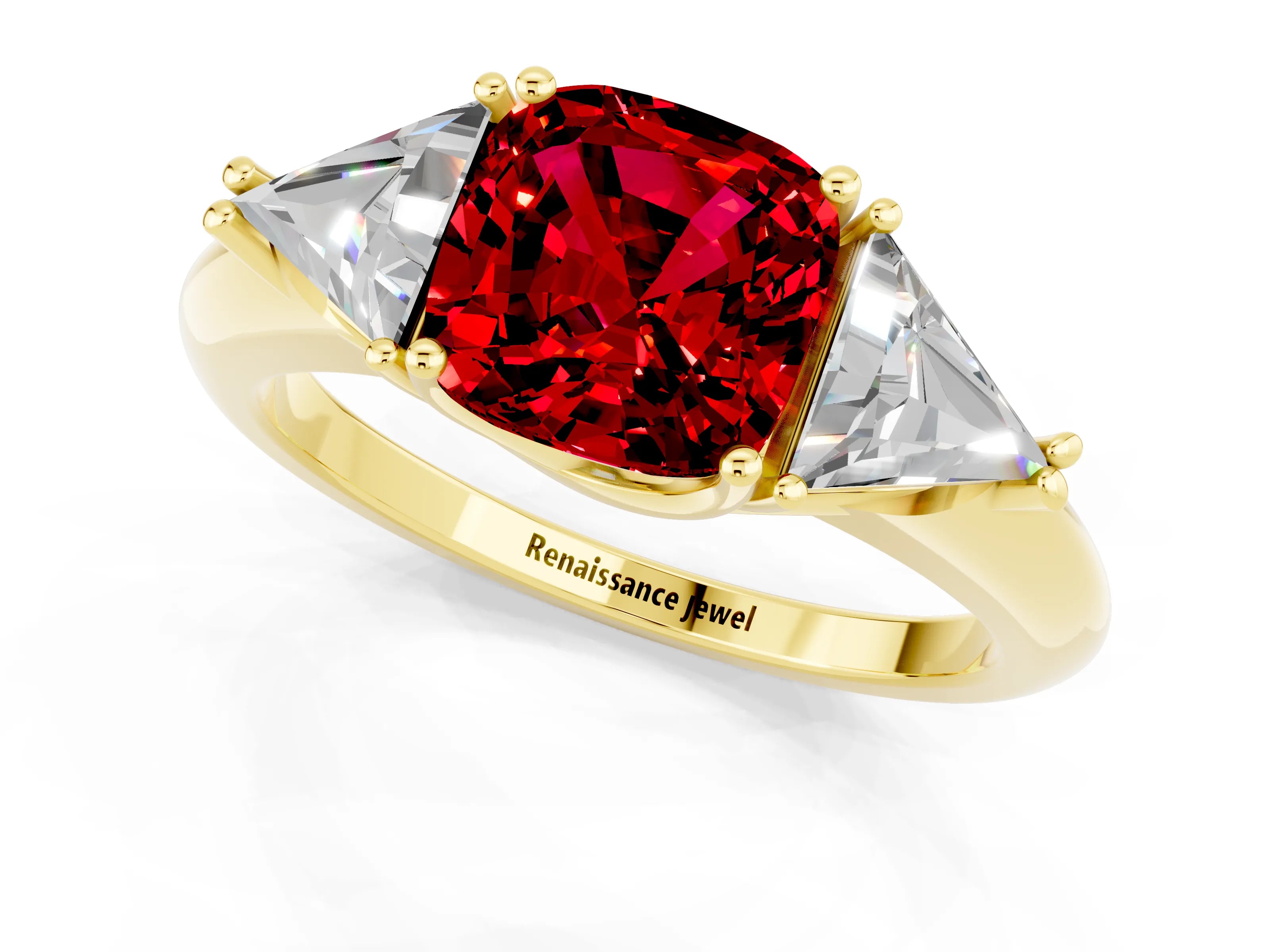 Yellow gold Three-Stone Cushion Cut Cut Diamond Ring with Trillion Side Stones and Four-Prong Setting_1
