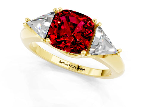 Yellow gold Three-Stone Cushion Cut Cut Diamond Ring with Trillion Side Stones and Four-Prong Setting_1