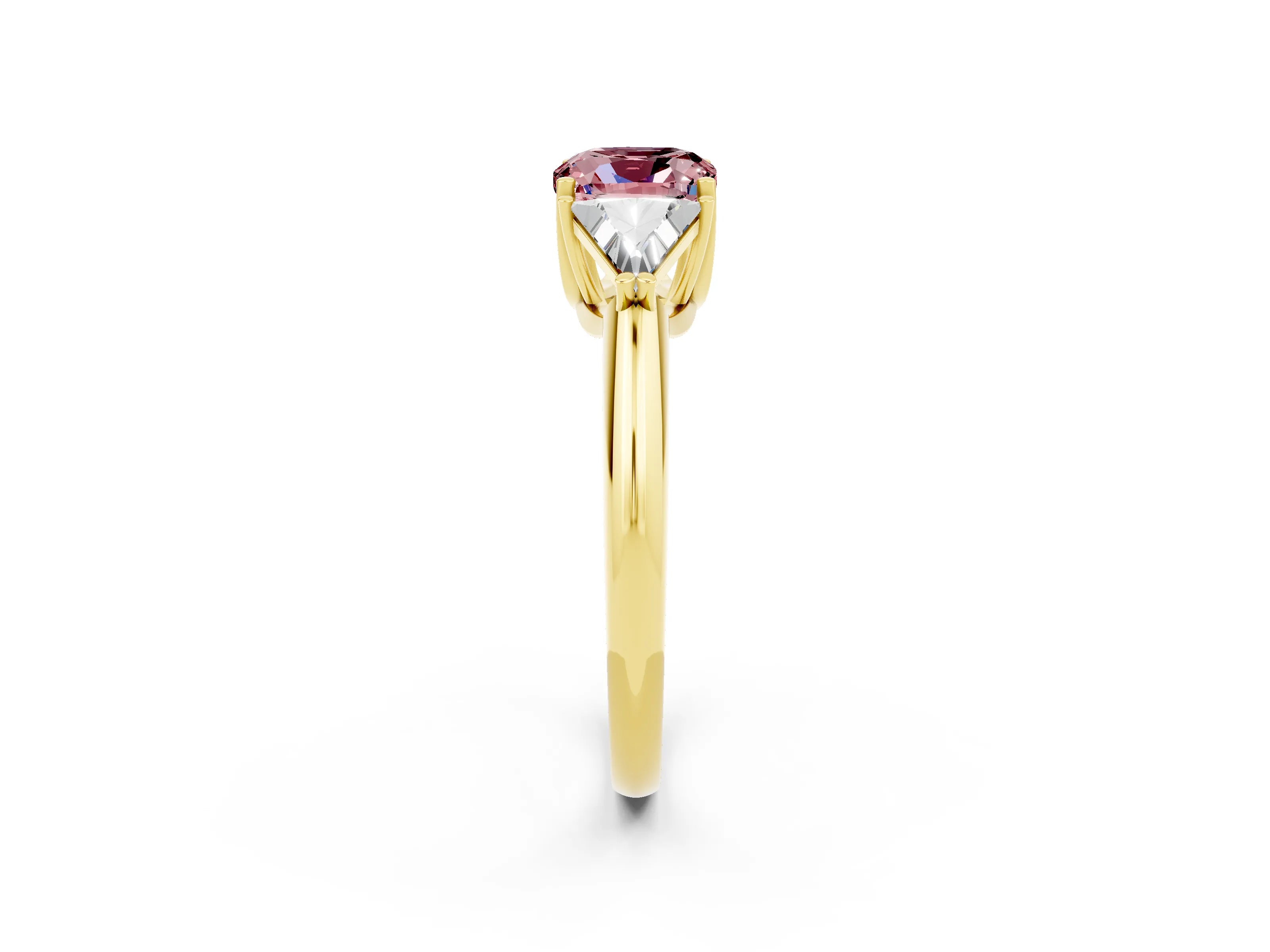 Yellow gold Three-Stone Cushion Cut Cut Diamond Ring with Trillion Side Stones and Four-Prong Setting_2