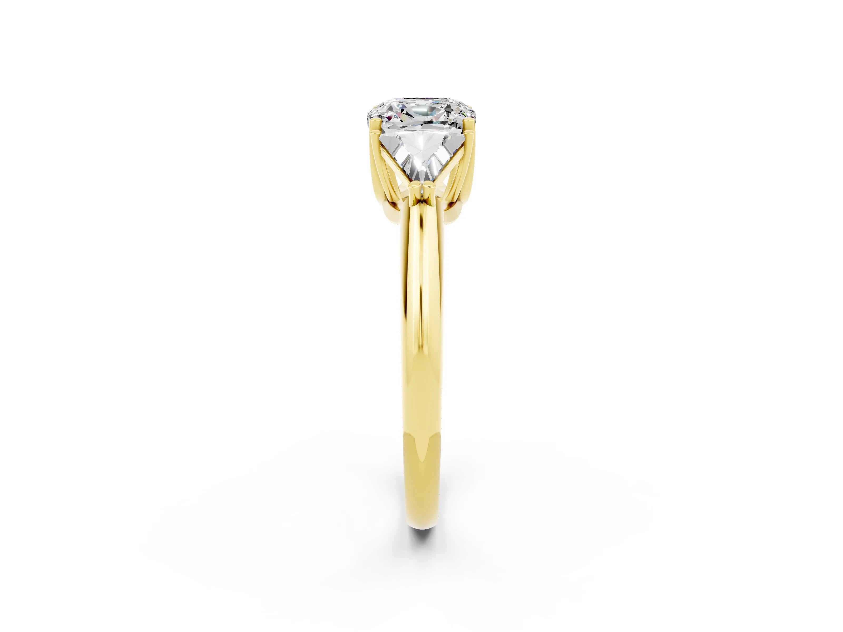 Yellow gold Three-Stone Cushion Cut Cut Diamond Ring with Trillion Side Stones and Four-Prong Setting_2