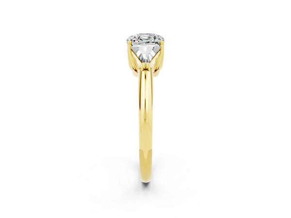 Yellow gold Three-Stone Cushion Cut Moissanite Engagement Ring with Trillion Side Stones and Prong Setting
