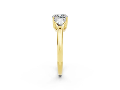Yellow gold Three-Stone Cushion Cut Cut Diamond Ring with Trillion Side Stones and Four-Prong Setting_2
