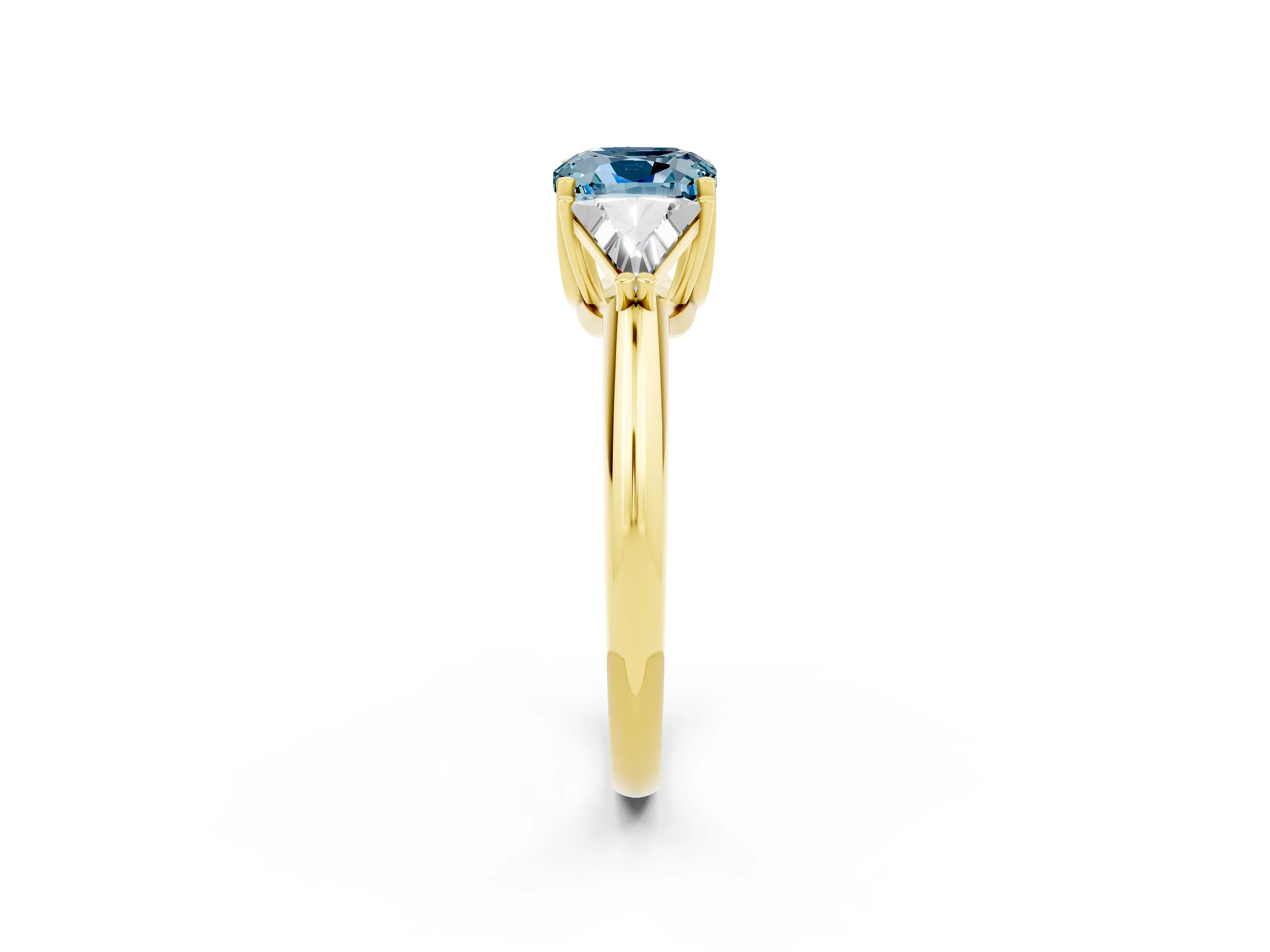 Yellow gold Three-Stone Cushion Cut Cut Diamond Ring with Trillion Side Stones and Four-Prong Setting_2