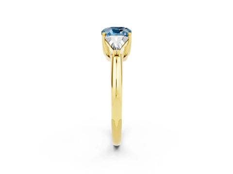 Yellow gold Three-Stone Cushion Cut Cut Diamond Ring with Trillion Side Stones and Four-Prong Setting_2