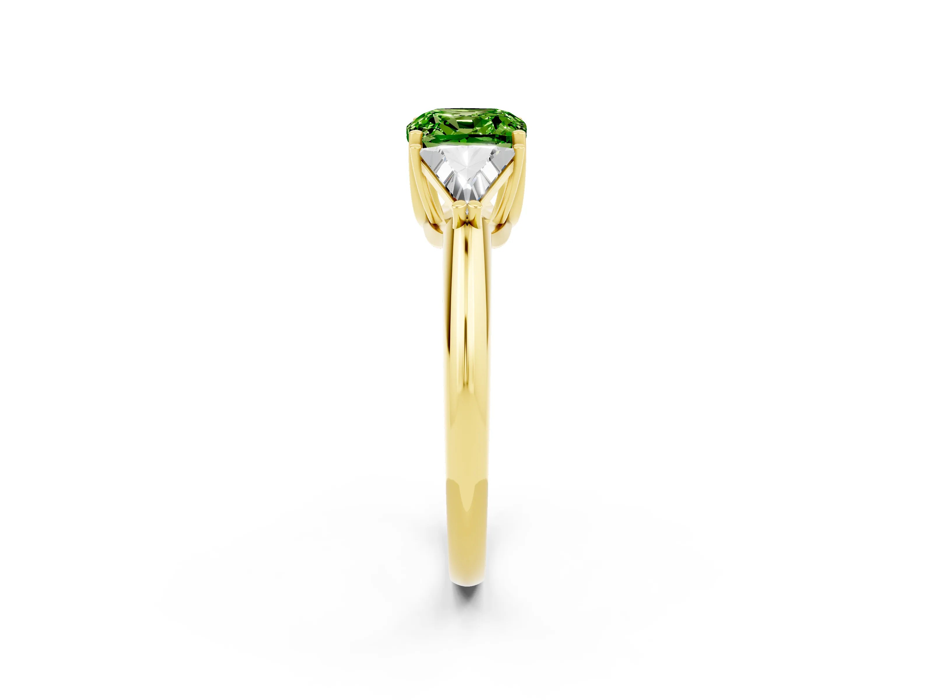Yellow gold Three-Stone Cushion Cut Cut Diamond Ring with Trillion Side Stones and Four-Prong Setting_2