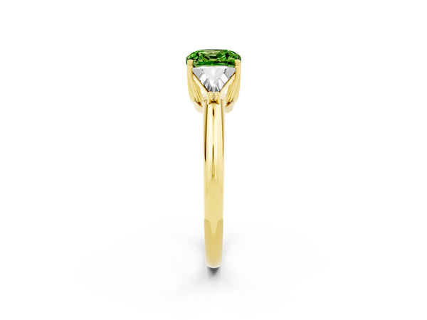 Yellow gold Three-Stone Cushion Cut Cut Diamond Ring with Trillion Side Stones and Four-Prong Setting