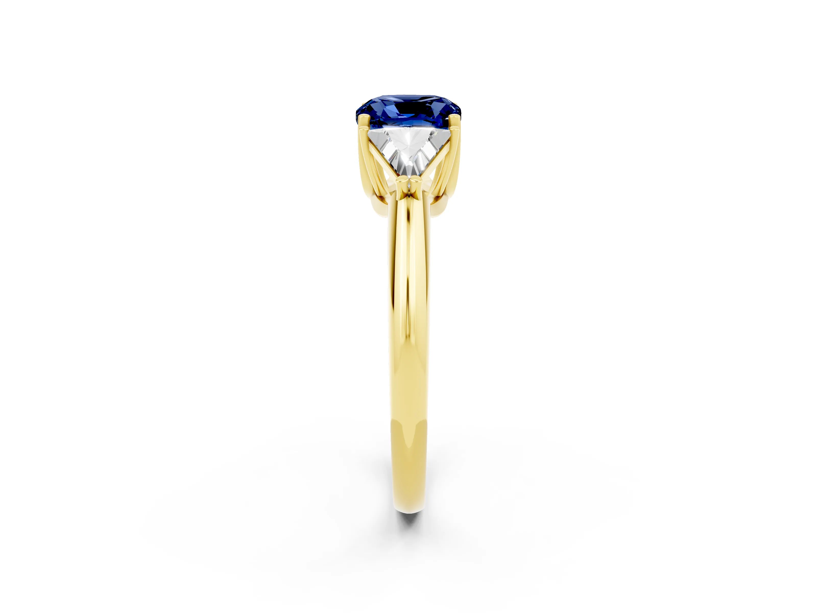 Yellow gold Three-Stone Cushion Cut Cut Diamond Ring with Trillion Side Stones and Four-Prong Setting_2