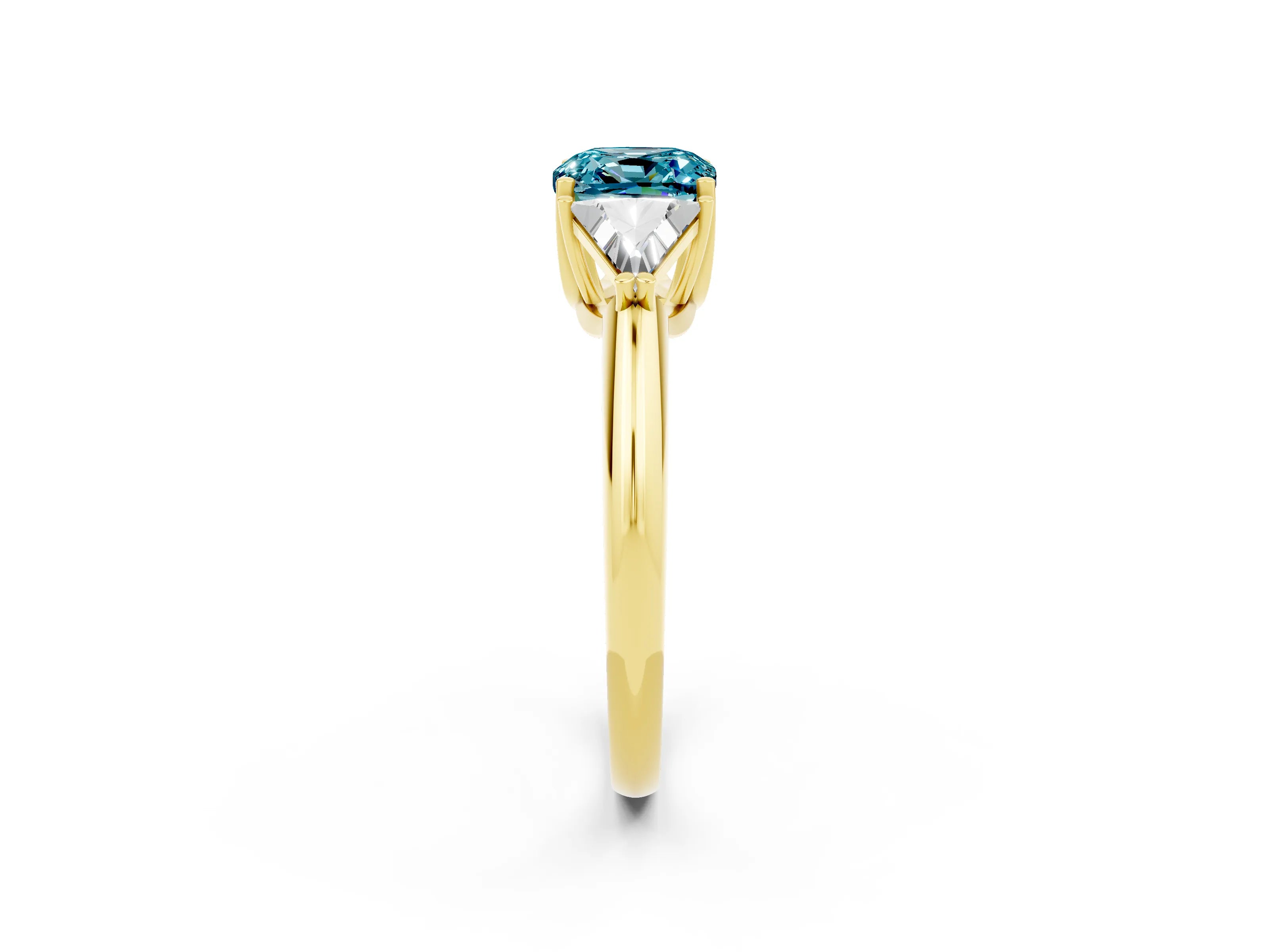 Yellow gold Three-Stone Cushion Cut Cut Diamond Ring with Trillion Side Stones and Four-Prong Setting_2