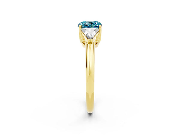 Yellow gold Three-Stone Cushion Cut Cut Diamond Ring with Trillion Side Stones and Four-Prong Setting