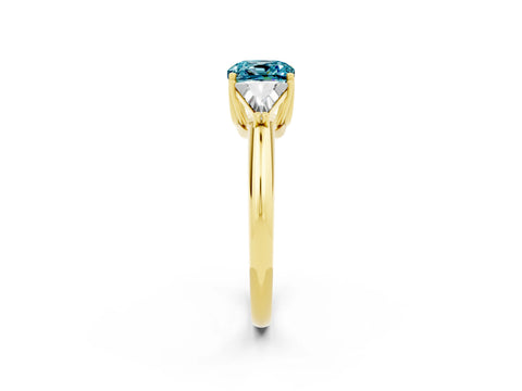Yellow gold Three-Stone Cushion Cut Cut Diamond Ring with Trillion Side Stones and Four-Prong Setting_2