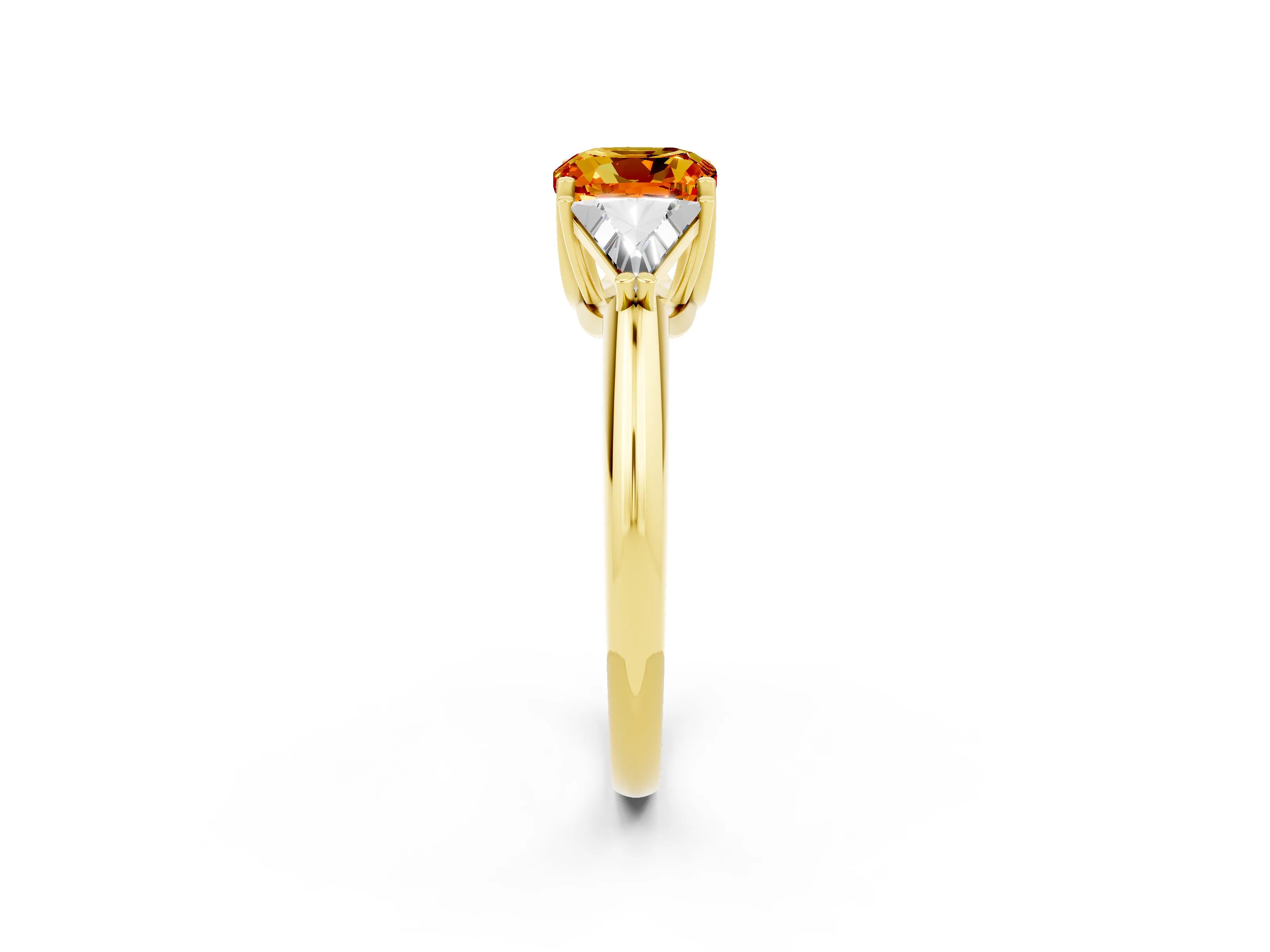 Yellow gold Three-Stone Cushion Cut Cut Diamond Ring with Trillion Side Stones and Four-Prong Setting_2