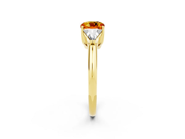 Yellow gold Three-Stone Cushion Cut Citrine Engagement Ring with Trillion Side Stones and Prong Setting