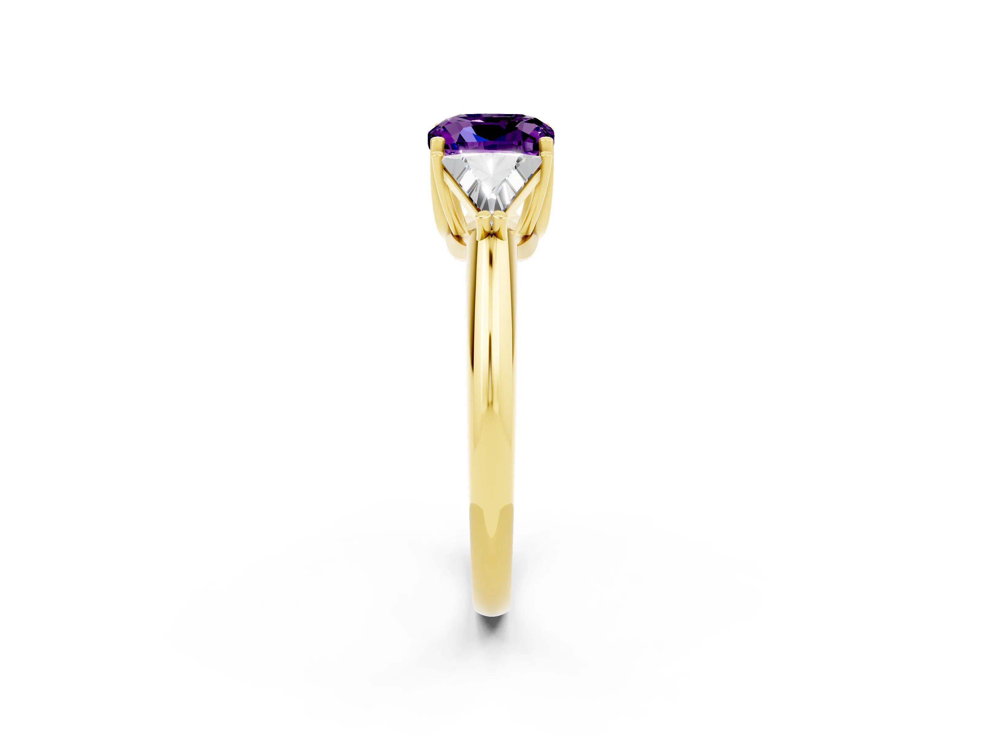 Yellow gold Three-Stone Cushion Cut Cut Diamond Ring with Trillion Side Stones and Four-Prong Setting_2
