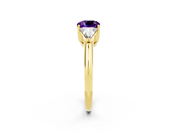 Yellow gold Three-Stone Cushion Cut Amethyst Engagement Ring with Trillion Side Stones and Prong Setting
