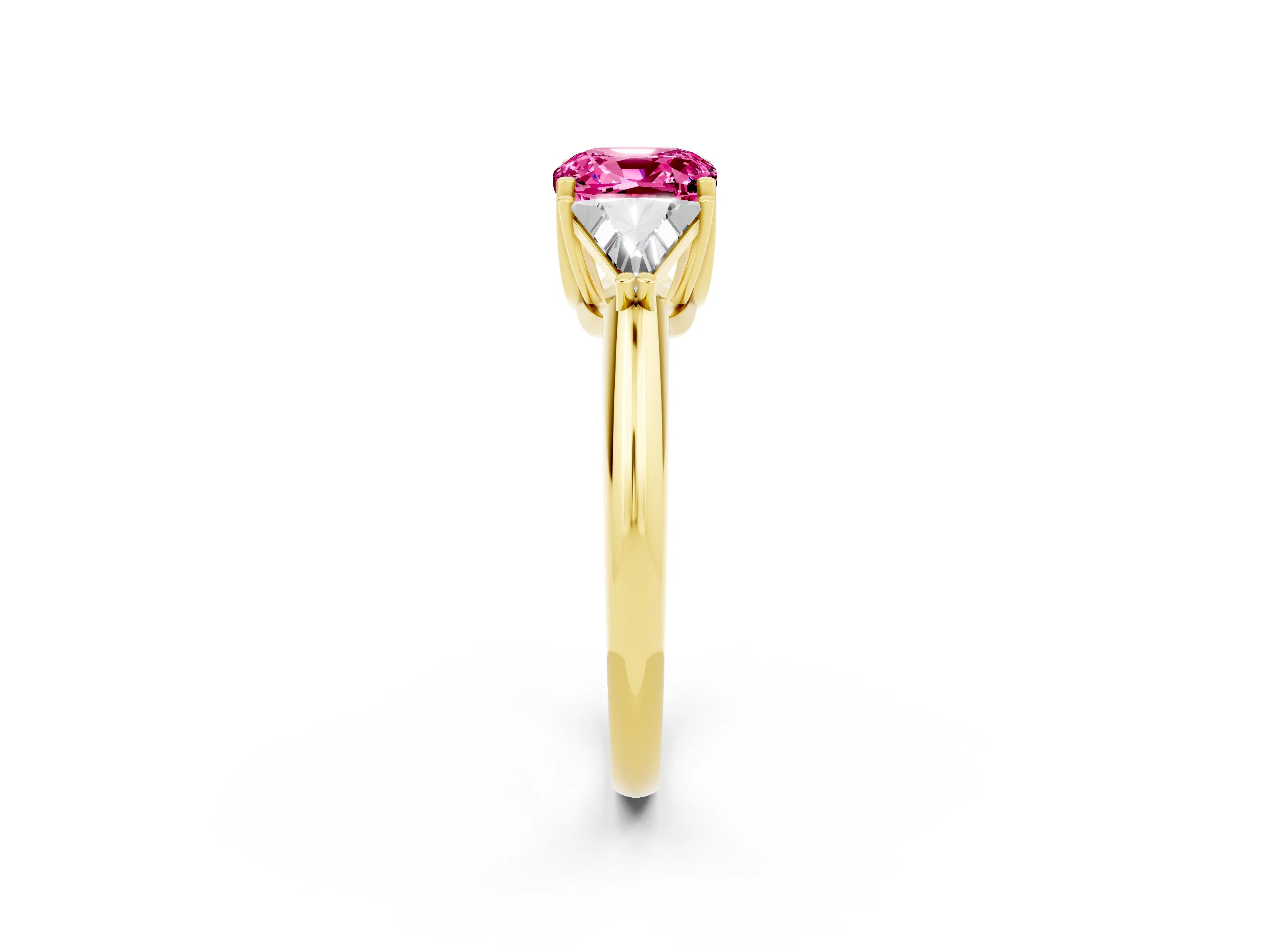 Yellow gold Three-Stone Cushion Cut Cut Diamond Ring with Trillion Side Stones and Four-Prong Setting_2
