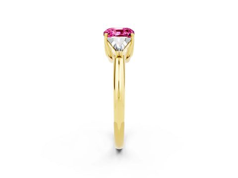 Yellow gold Three-Stone Cushion Cut Cut Diamond Ring with Trillion Side Stones and Four-Prong Setting_2