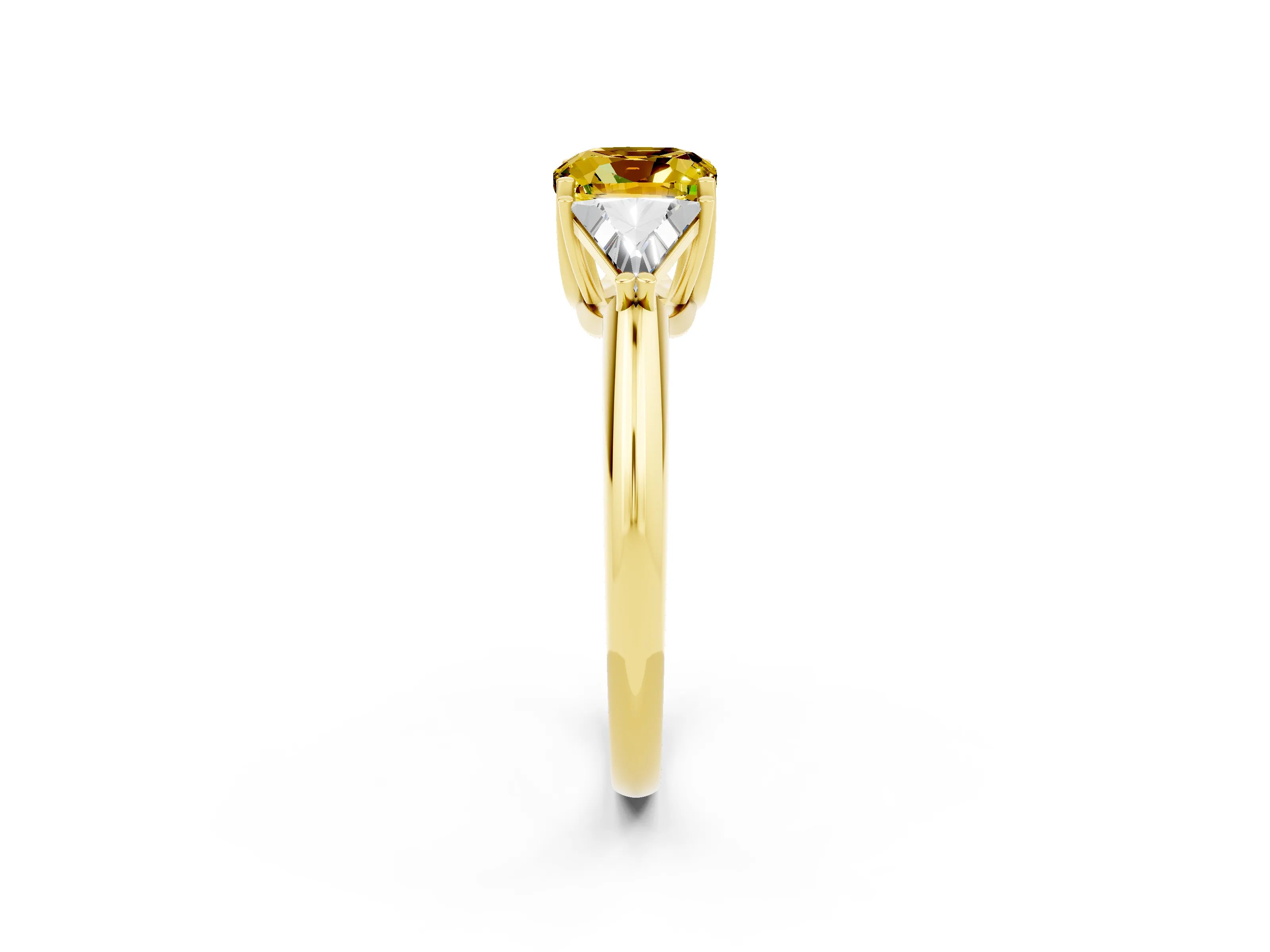 Yellow gold Three-Stone Cushion Cut Cut Diamond Ring with Trillion Side Stones and Four-Prong Setting_2