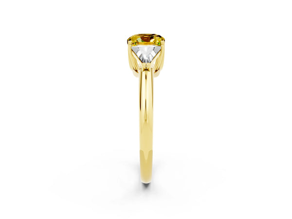 Yellow gold Three-Stone Cushion Cut Yellow Sapphire Engagement Ring with Trillion Side Stones and Prong Setting