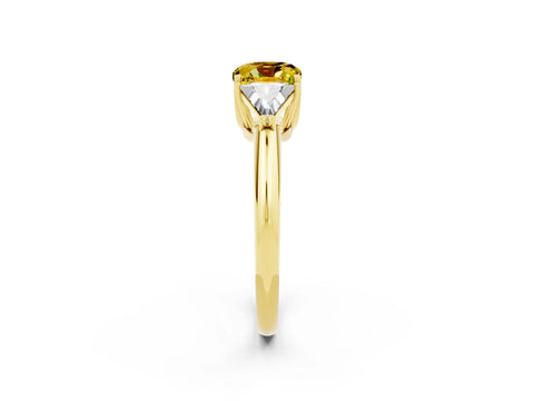 Yellow gold Three-Stone Cushion Cut Cut Diamond Ring with Trillion Side Stones and Four-Prong Setting_2