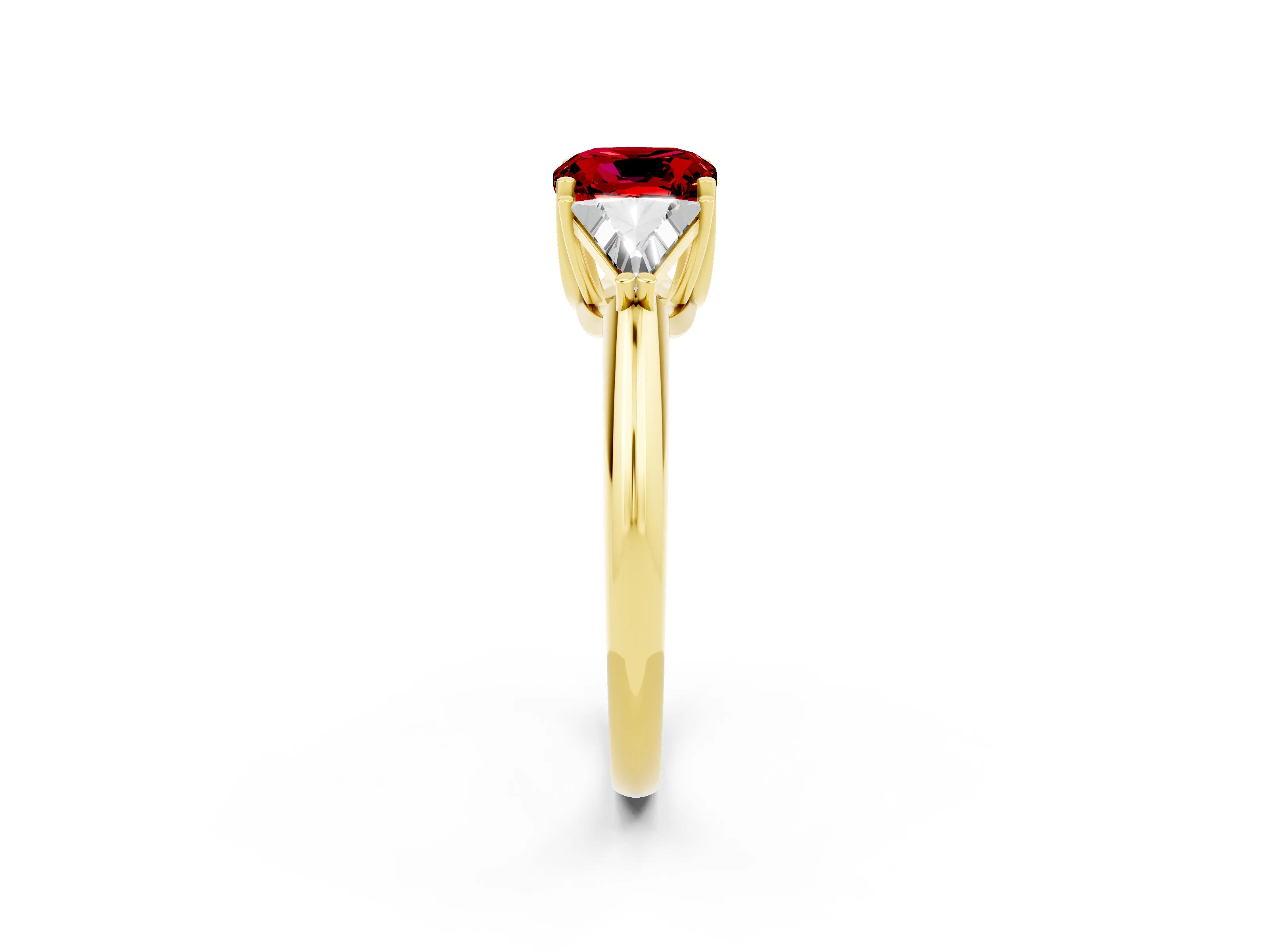 Yellow gold Three-Stone Cushion Cut Cut Diamond Ring with Trillion Side Stones and Four-Prong Setting_2