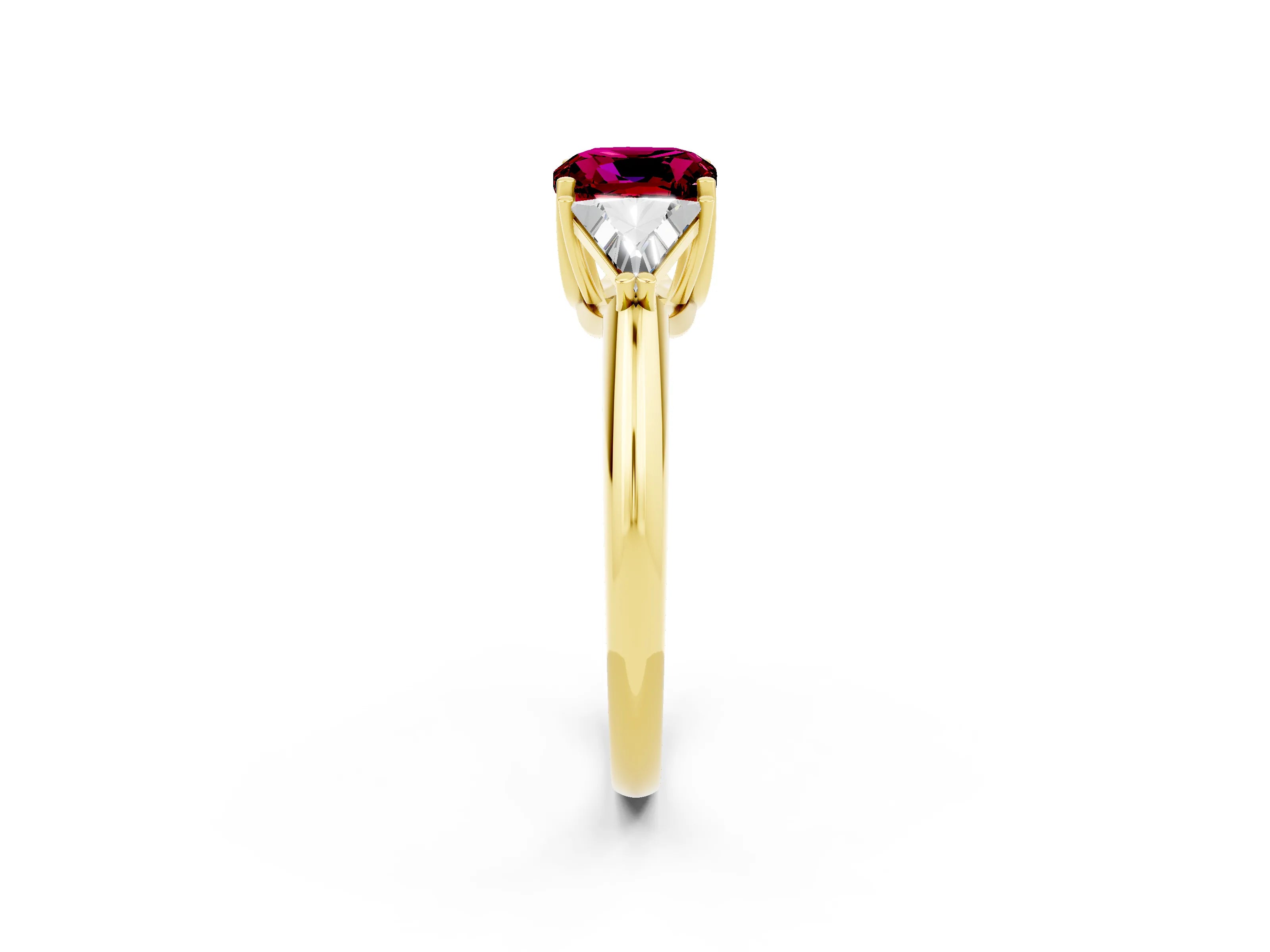 Yellow gold Three-Stone Cushion Cut Cut Diamond Ring with Trillion Side Stones and Four-Prong Setting_2