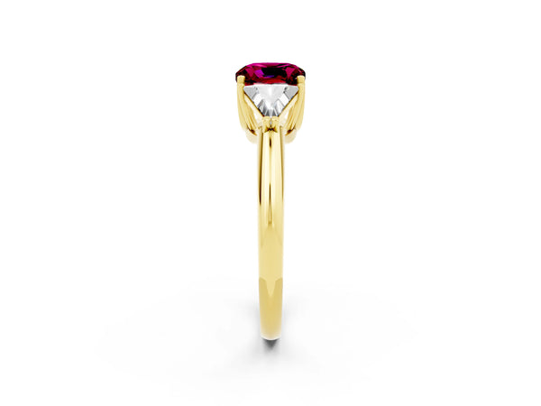 Yellow gold Three-Stone Cushion Cut Garnet Engagement Ring with Trillion Side Stones and Prong Setting