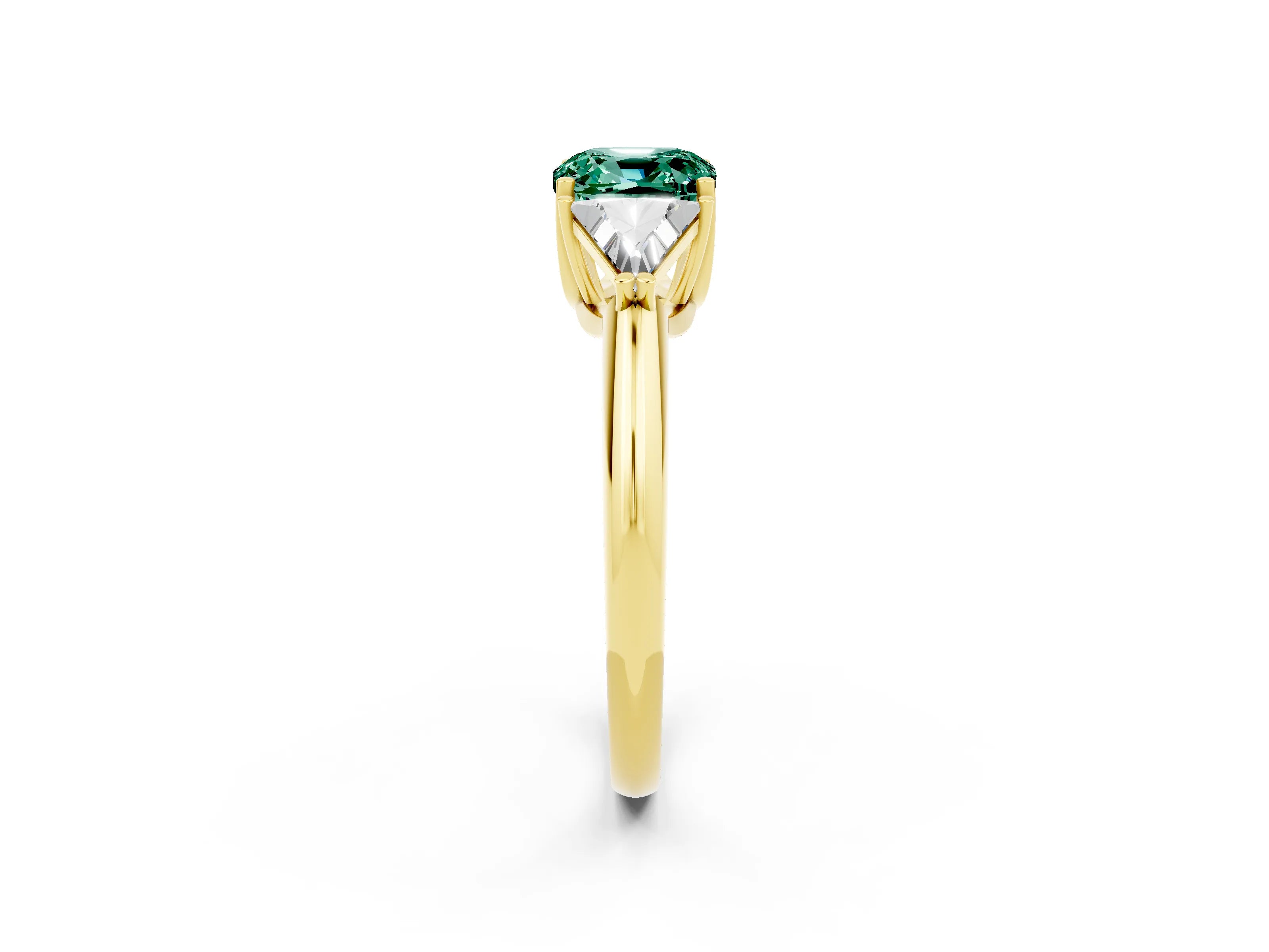 Yellow gold Three-Stone Cushion Cut Cut Diamond Ring with Trillion Side Stones and Four-Prong Setting_2