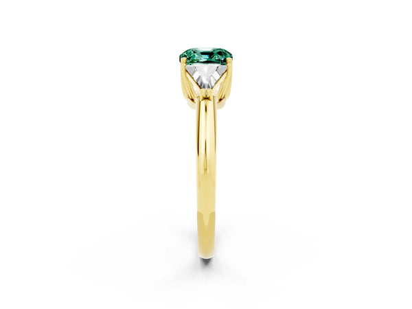 Yellow gold Three-Stone Cushion Cut Cut Diamond Ring with Trillion Side Stones and Four-Prong Setting