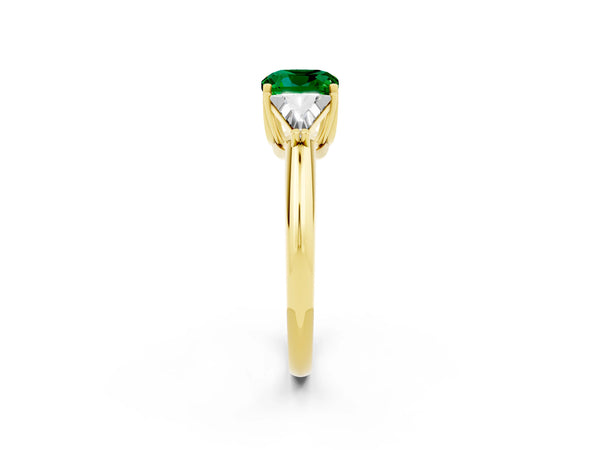 Yellow gold Three-Stone Cushion Cut Emerald Engagement Ring with Trillion Side Stones and Prong Setting