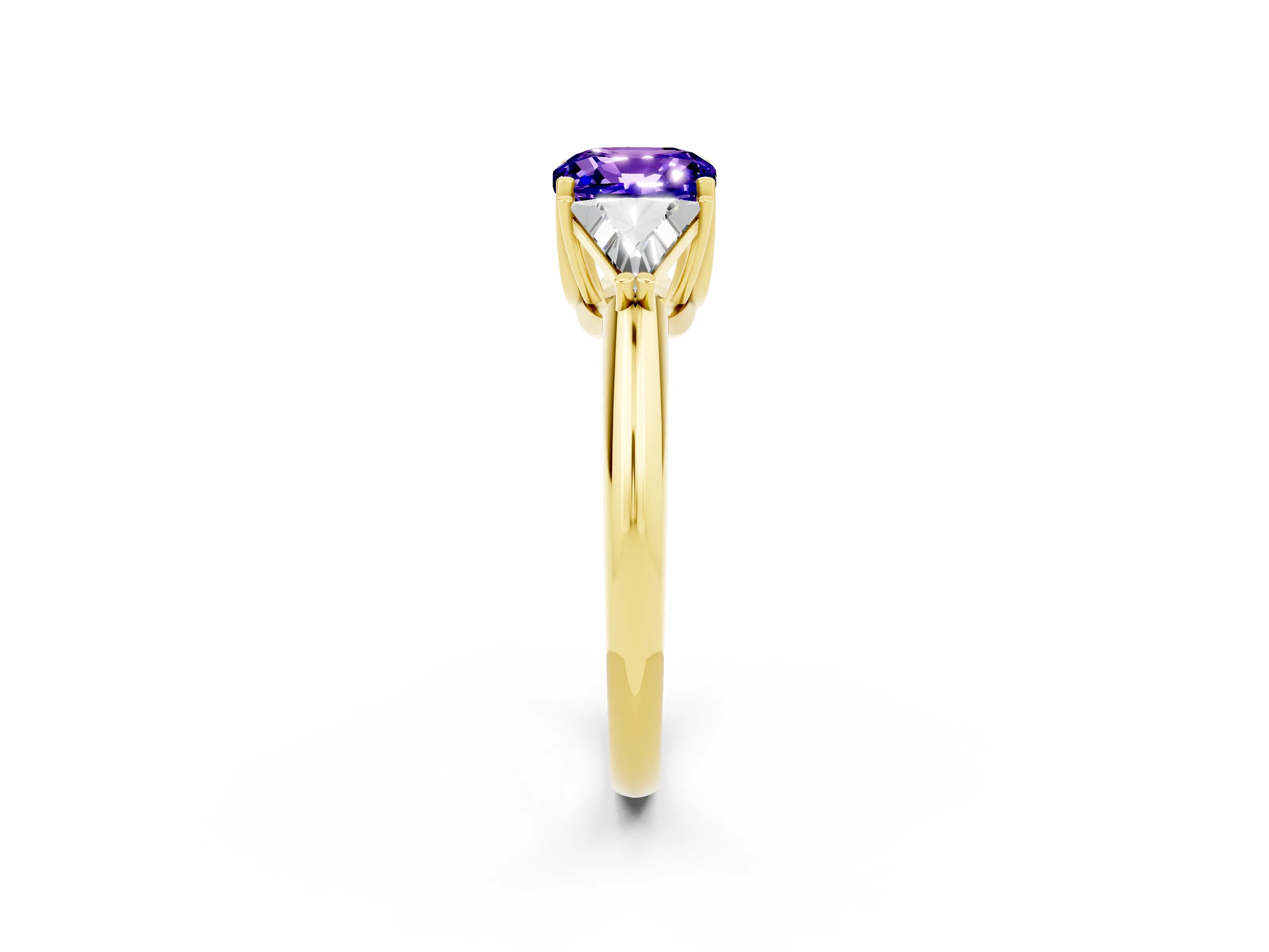 Yellow gold Three-Stone Cushion Cut Cut Diamond Ring with Trillion Side Stones and Four-Prong Setting_2