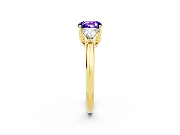 Yellow gold Three-Stone Cushion Cut Tanzanite Engagement Ring with Trillion Side Stones and Prong Setting