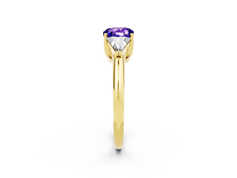 Yellow gold Three-Stone Cushion Cut Cut Diamond Ring with Trillion Side Stones and Four-Prong Setting_2
