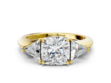 Yellow gold Three-Stone Cushion Cut Cut Diamond Ring with Trillion Side Stones and Four-Prong Setting_3