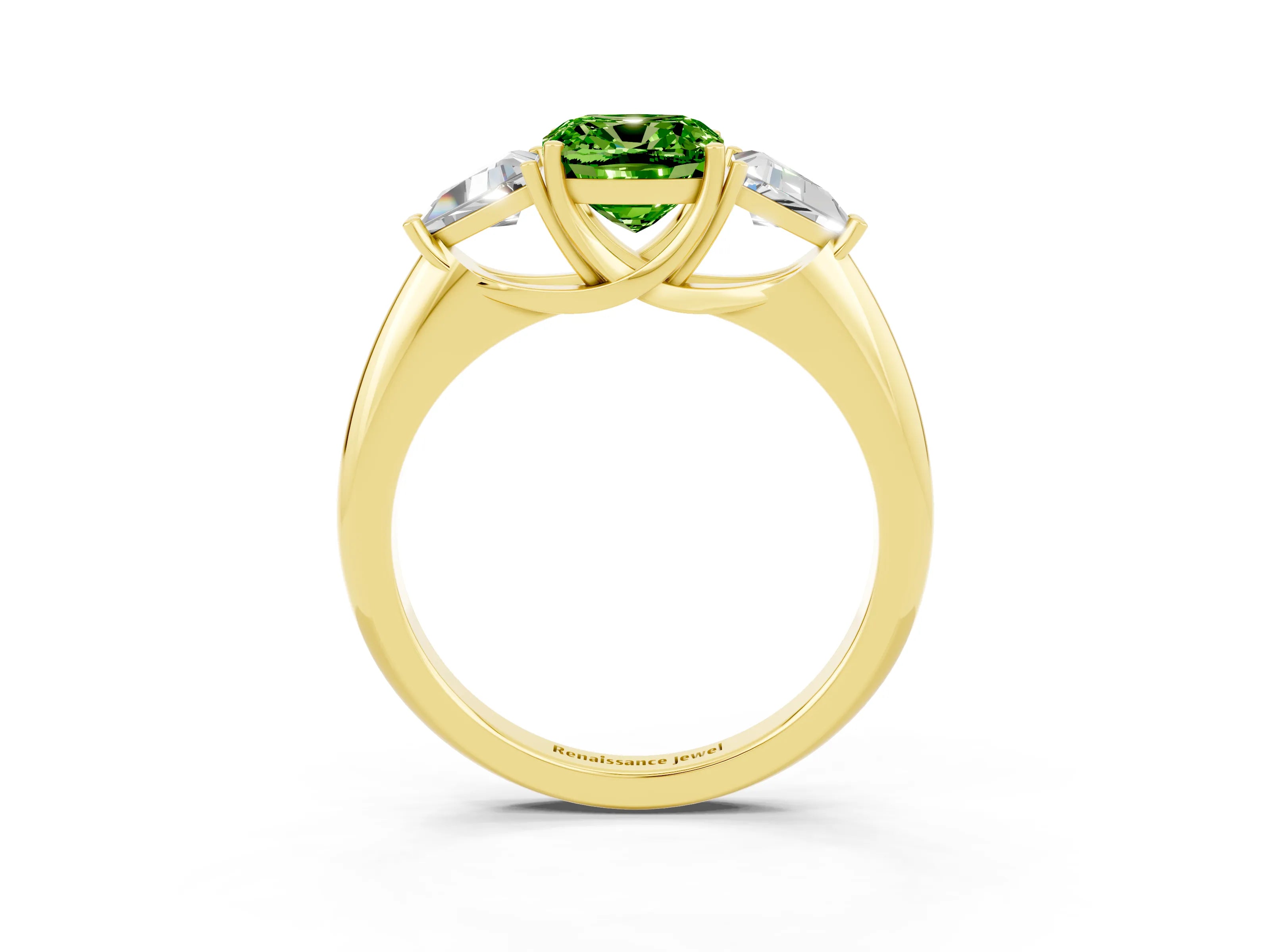 Yellow gold Three-Stone Cushion Cut Cut Diamond Ring with Trillion Side Stones and Four-Prong Setting_3